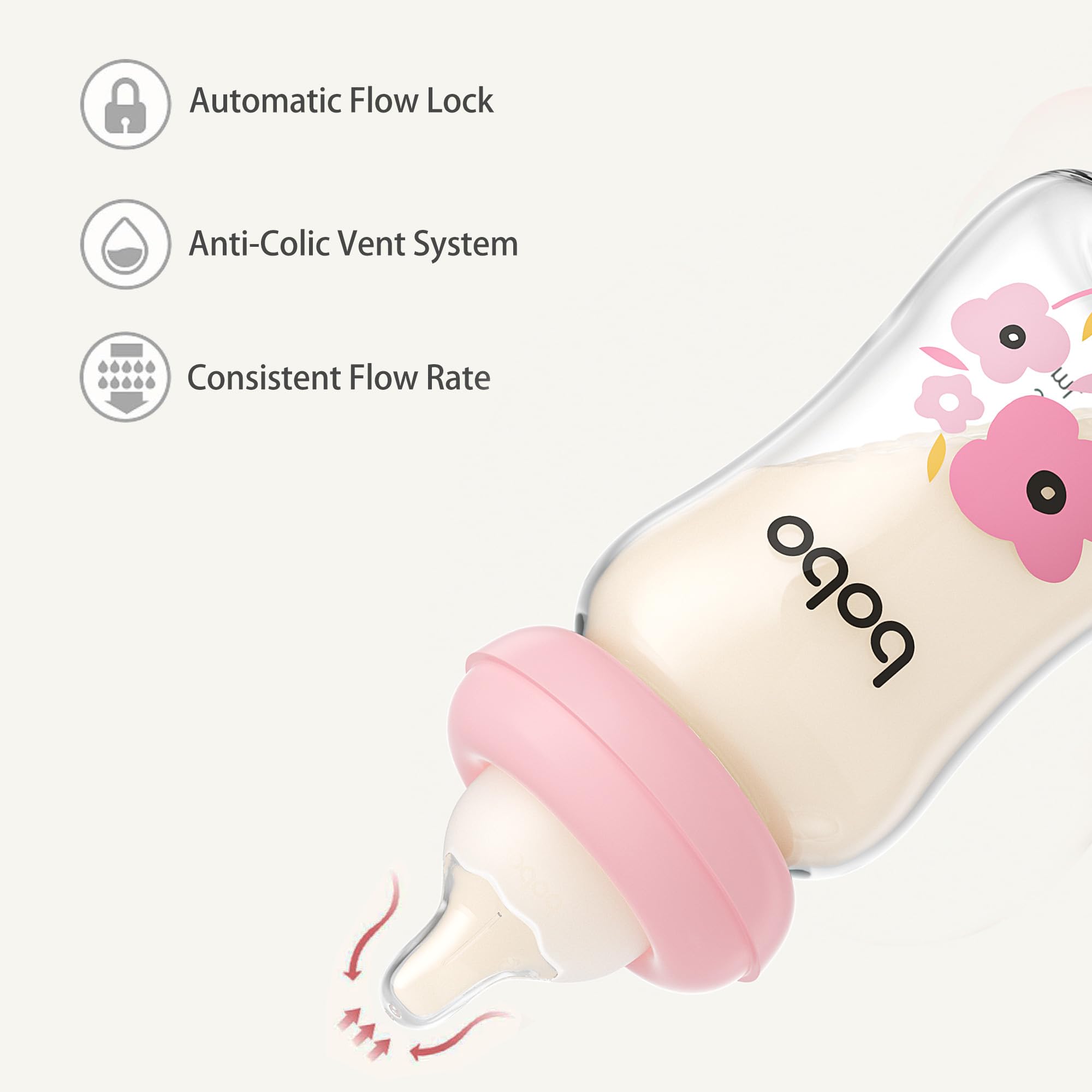 YOHKOH borosilicate glass for clear, durable baby bottle construction.