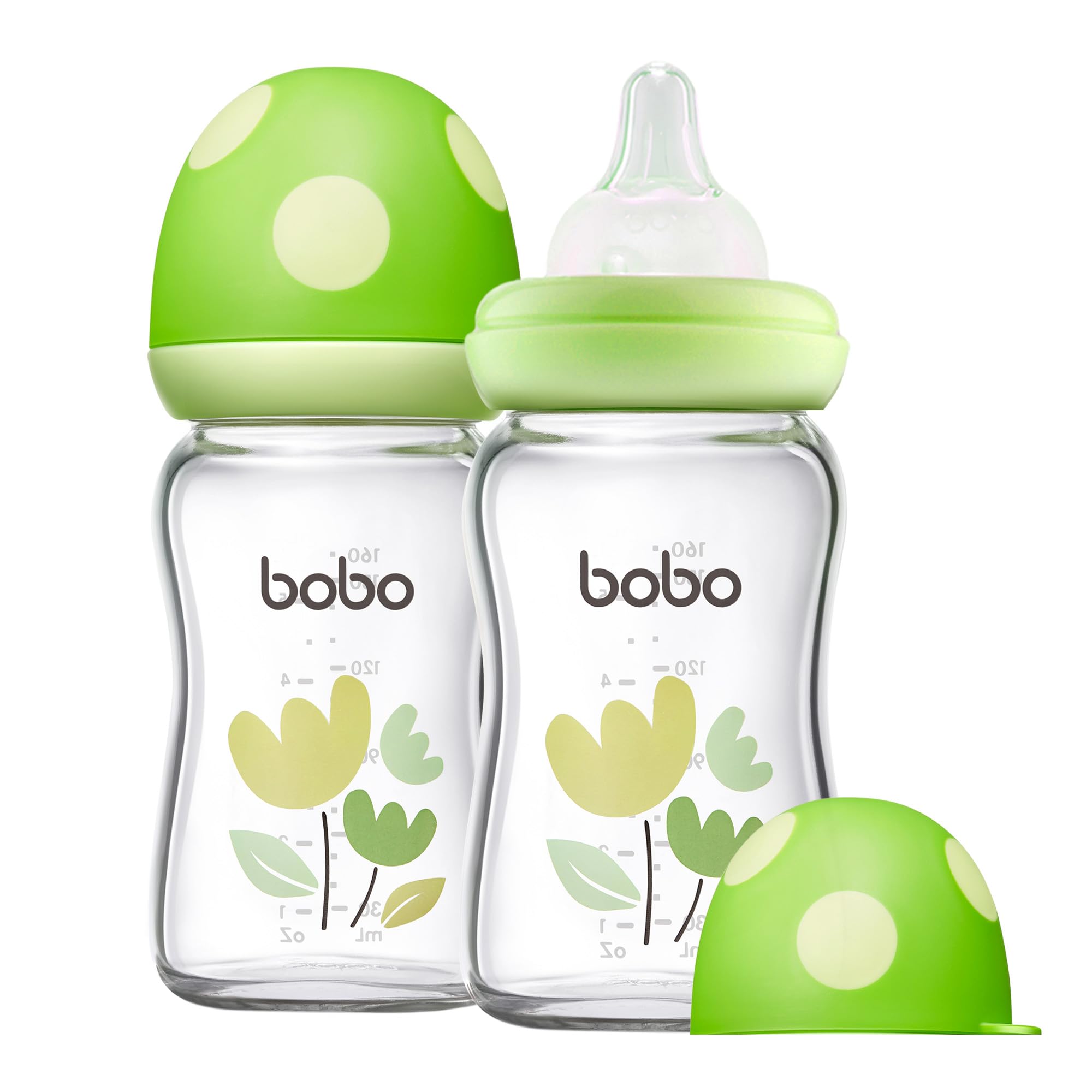 YOHKOH natural glass baby bottle in green with wide neck for easy feeding