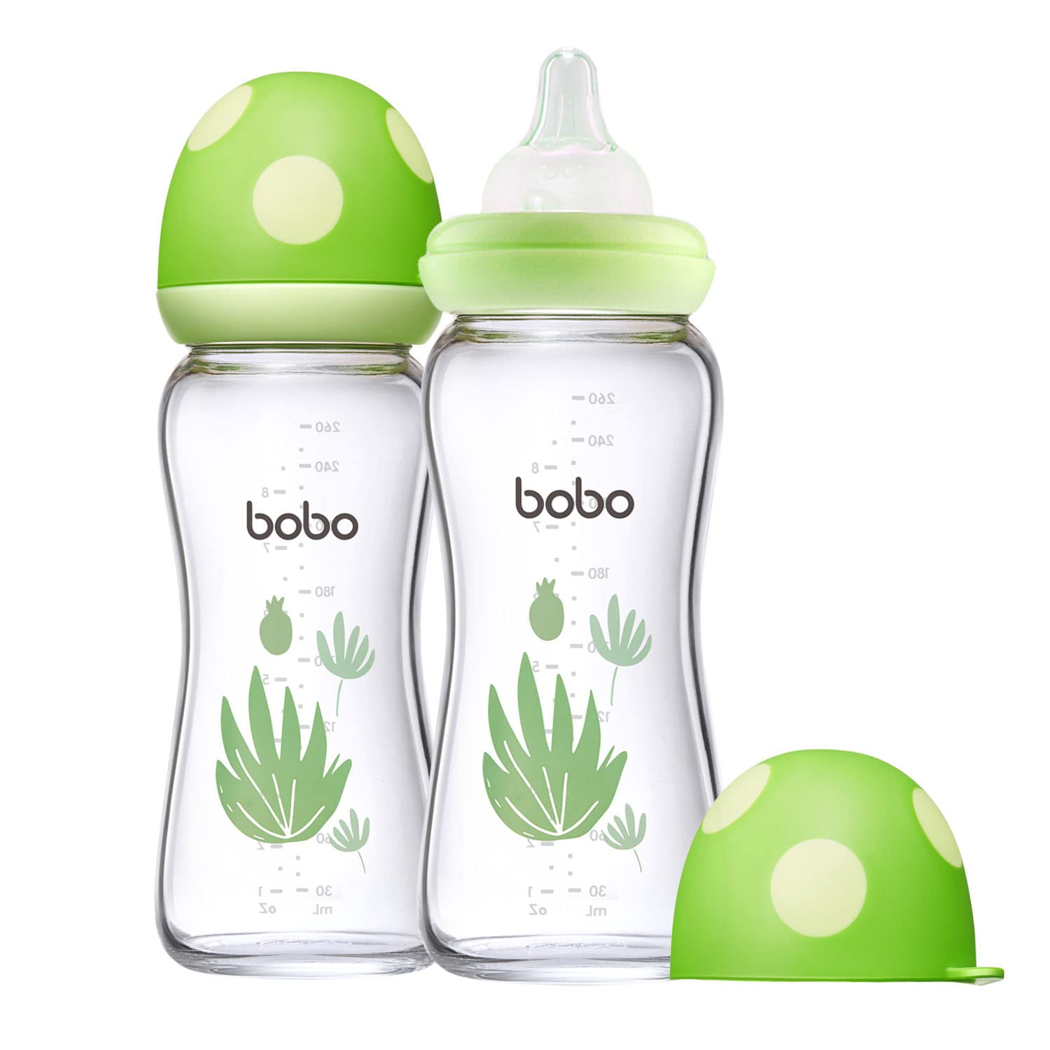 YOHKOH natural glass baby bottle with wide neck in green, 8.8 oz, easy cleaning.