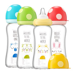 YOHKOH natural glass baby bottle with wide neck and mushroom cap for easy filling.