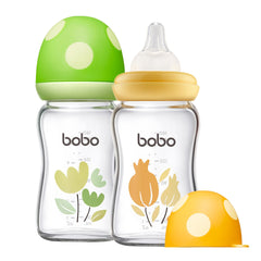 YOHKOH glass baby bottle with wide neck and mushroom design for easy filling and gentle feeding