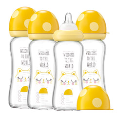 YOHKOH glass bottle with wide neck and yellow pack, easy feeding for newborns