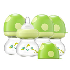 YOHKOH newborn glass bottle with wide neck and green cap supports easy cleaning.