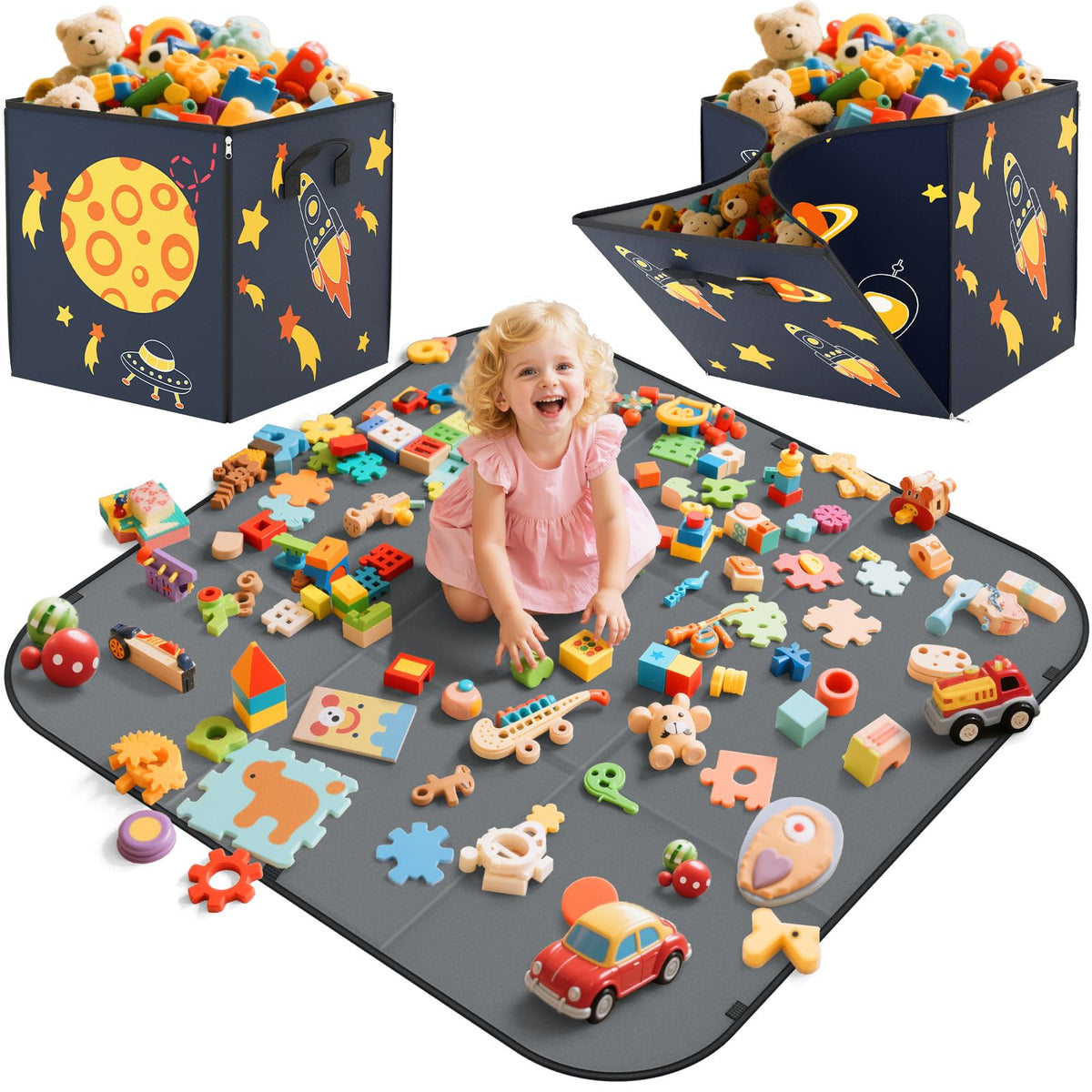 YOHOOLYO 2in1 toy storage cube with a sturdy zipper for quick cleanup.