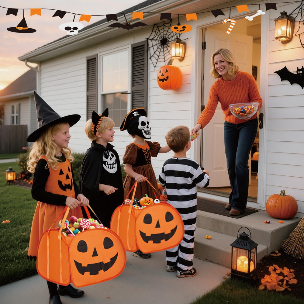 YOHOOLYO 95L pumpkin basket in use for candy collection during trick-or-treat.