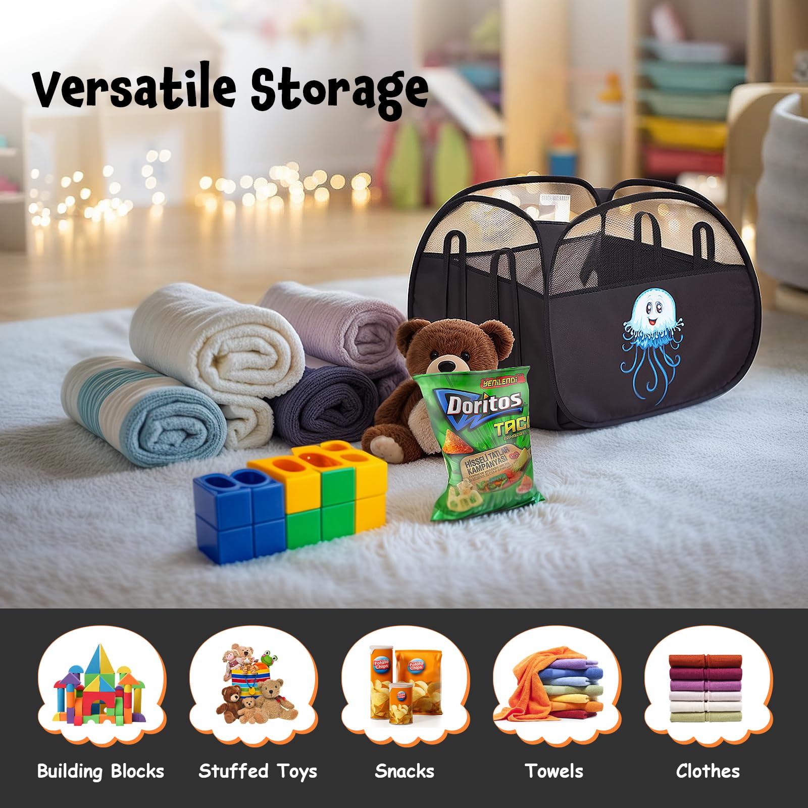 YOHOOLYO 95L crab pattern toy storage basket adds playful style while tidying plush toys.