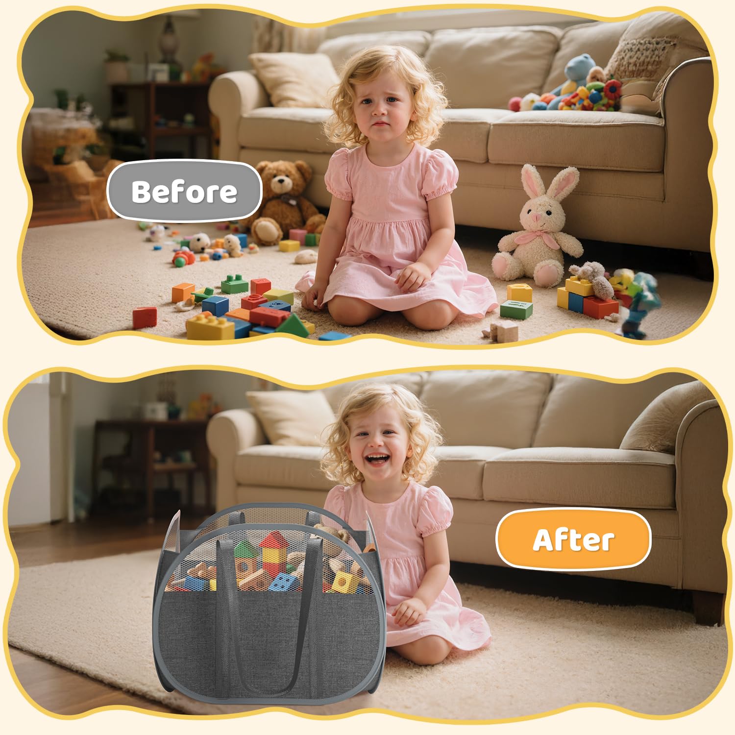 YOHOOLYO 95L grey toy box in living room blending with decor.