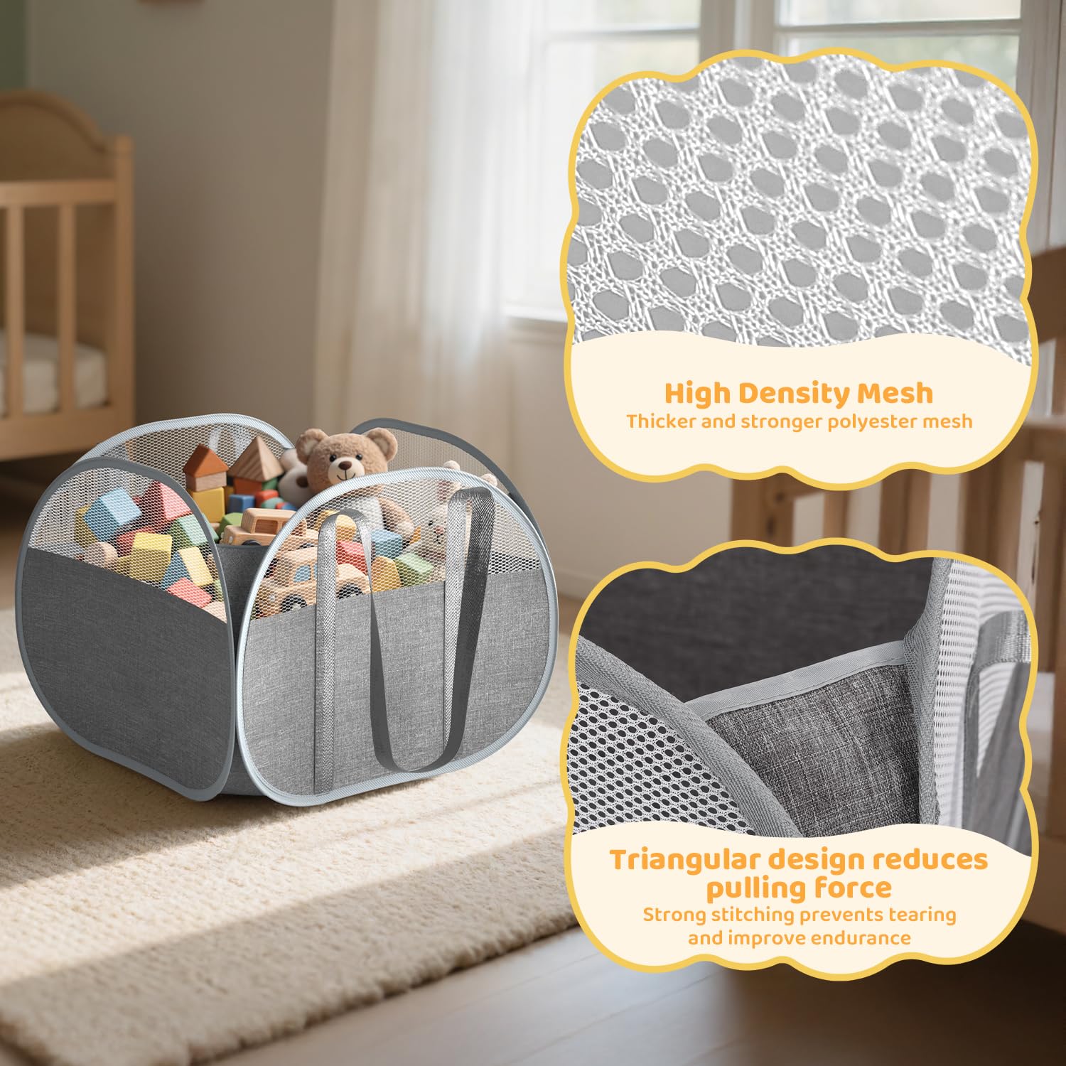YOHOOLYO 95L toy storage basket with reinforced handles for safe carrying.
