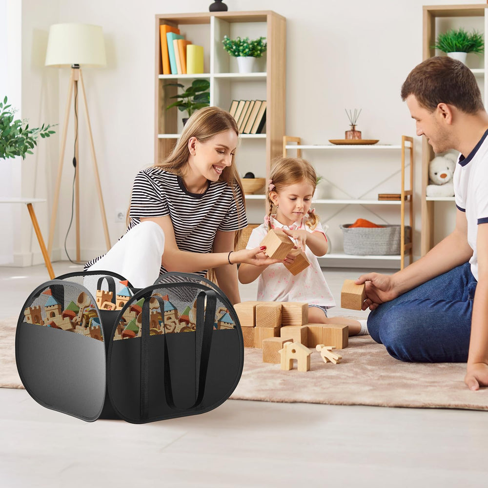 Living room or playroom organization in a sleek black basket.