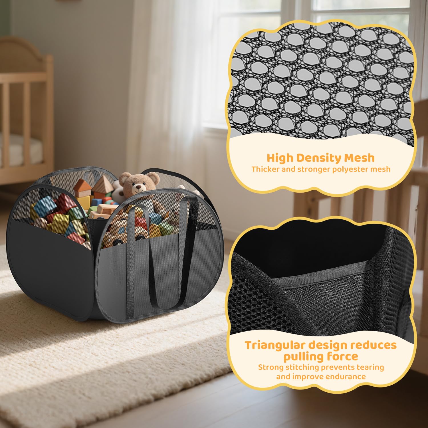 Toy box with reinforced handles for easy carrying around the home.