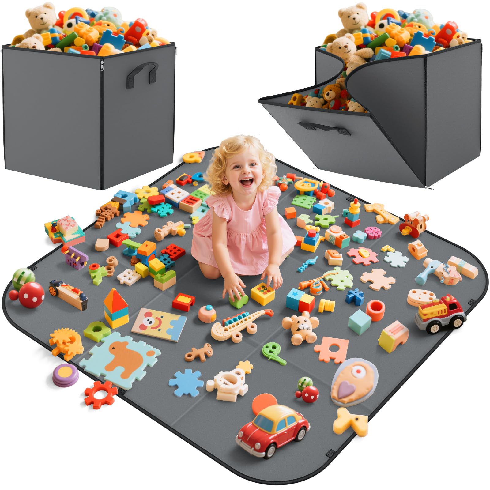 YOHOOLYO toy storage play mat collapsible bin keeps toys organized after play