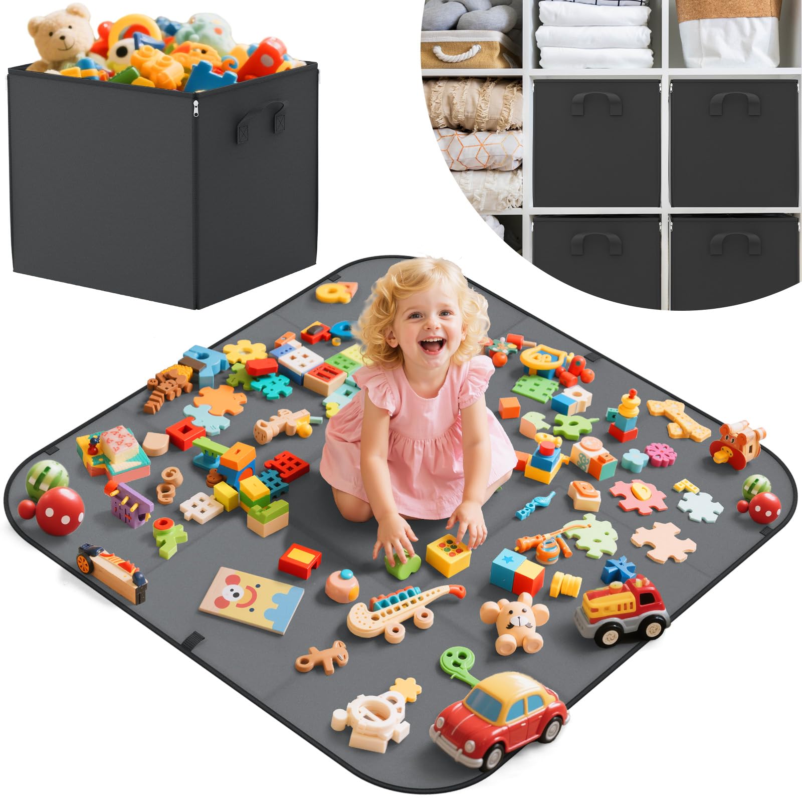 YOHOOLYO 2 In 1 toy storage play mat cube box closed for tidy storage.