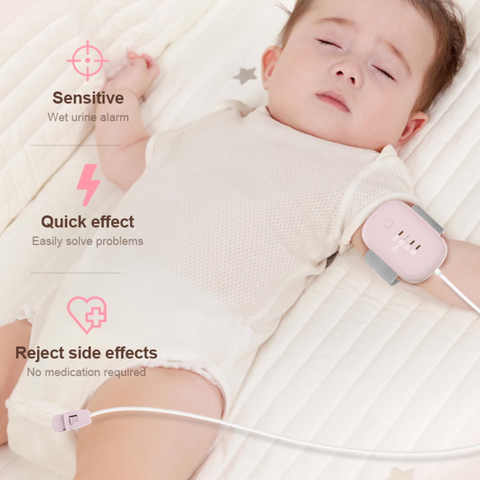 Yoicee bedwetting alarm pink back view highlighting comfortable sensor and easy mode access