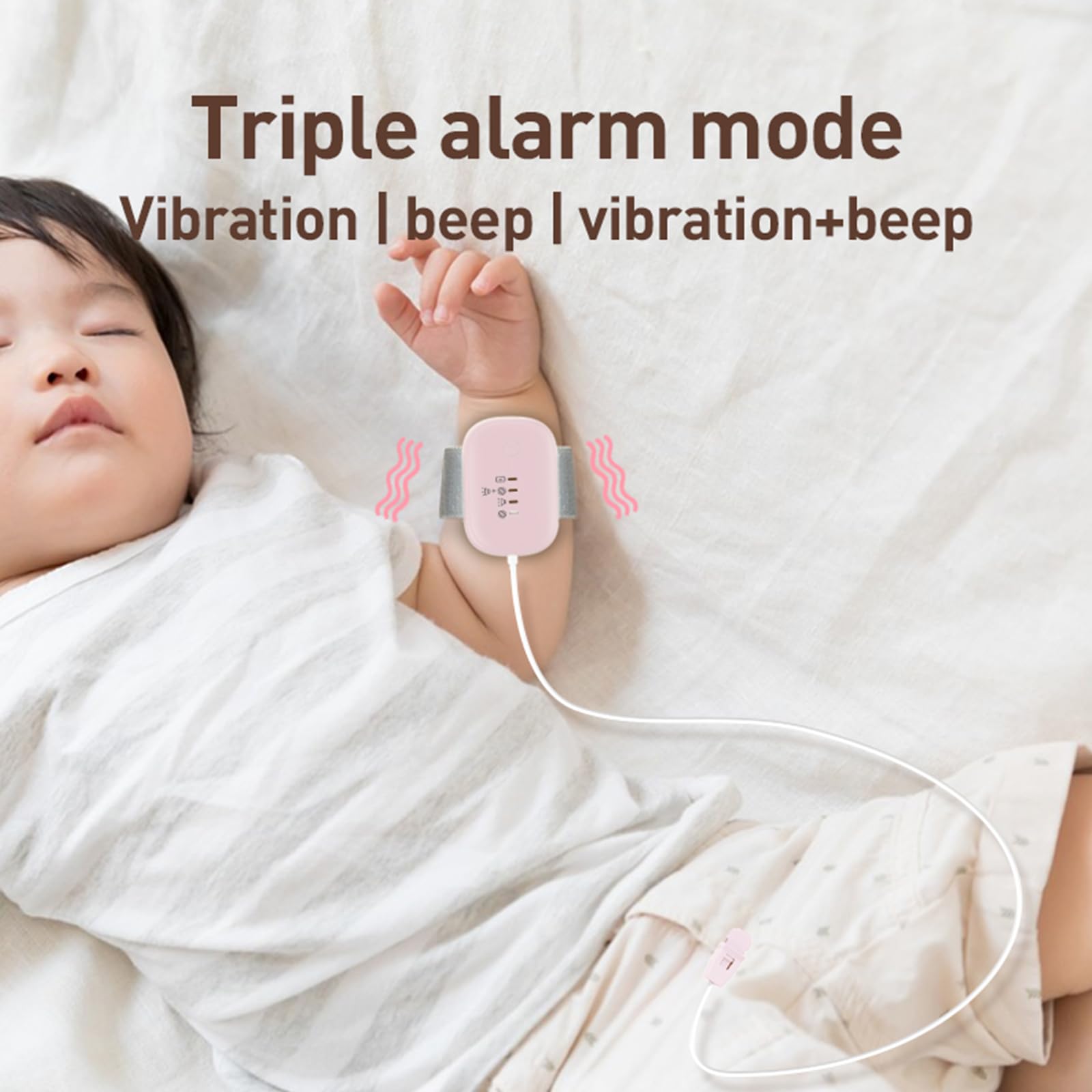 Yoicee bedwetting alarm with three modes showing sound, vibration, and off options