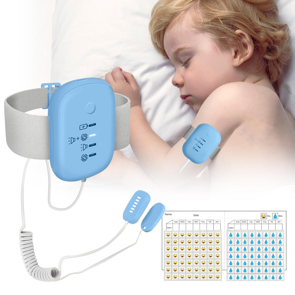 Yoiilifee bedwetting alarm blue front view, compact and comfortable for overnight use.