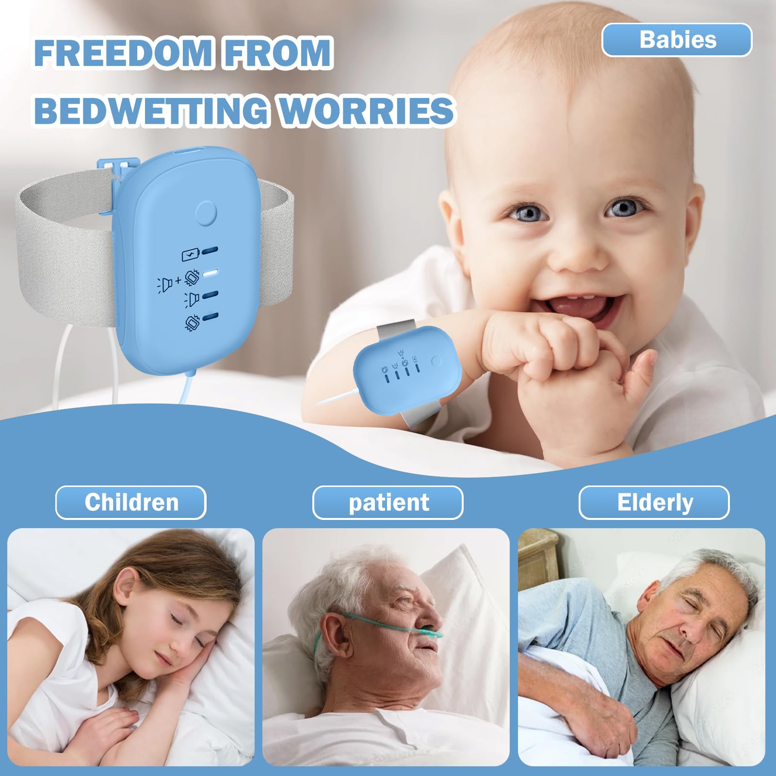 Yoiilifee bedwetting alarm blue USB charging port for quick power top-up.