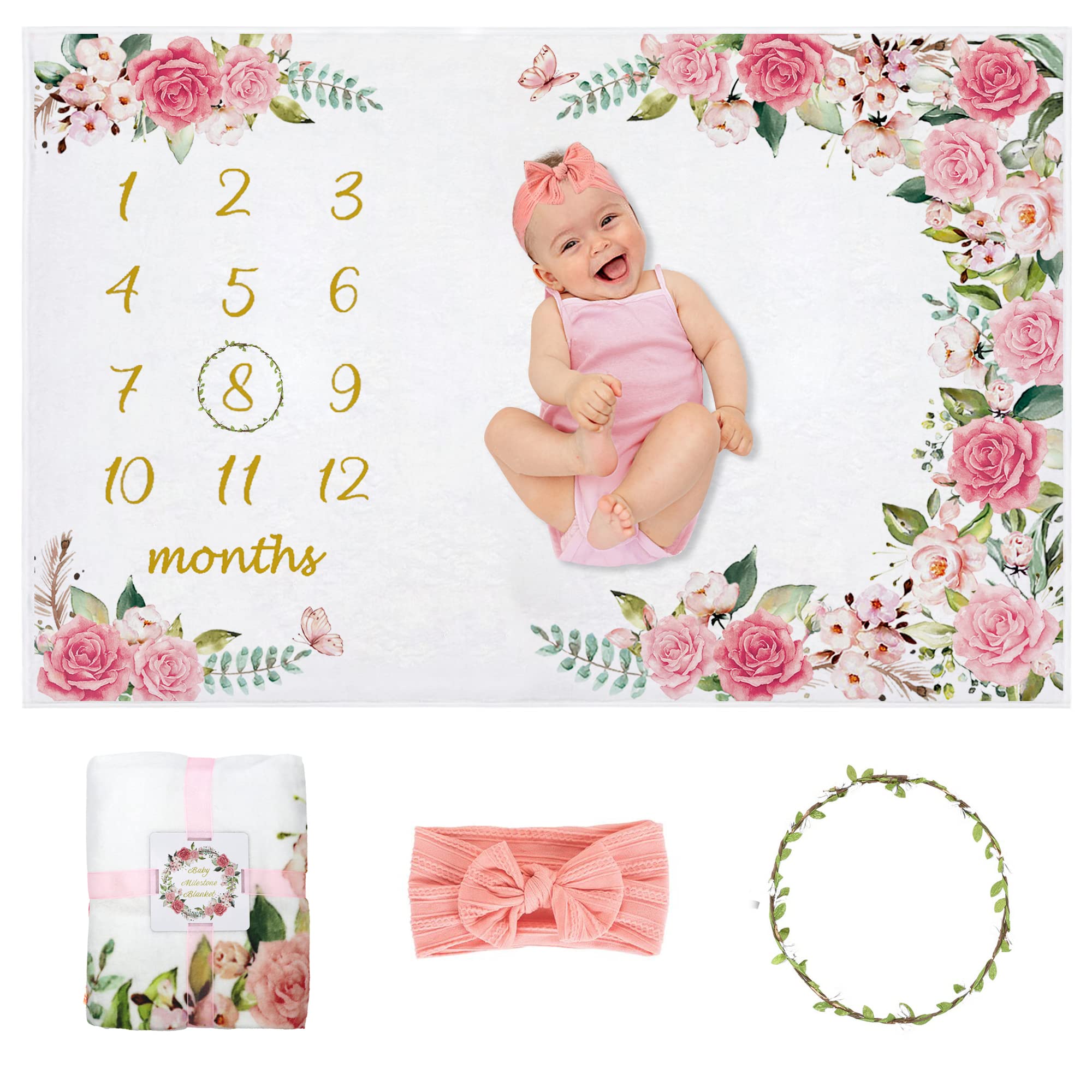 Yokakio baby milestone blanket with floral wreath for adorable growth photos.