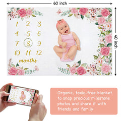Yokakio growth-tracker blanket closeup shows rich floral details for photos.