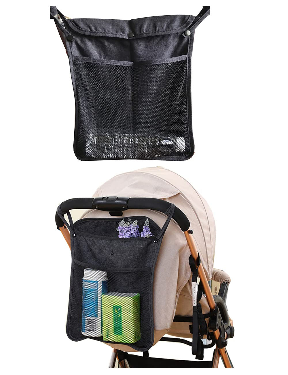 YOLENDAR stroller organizer front mesh pocket holds bottle and diaper for quick access