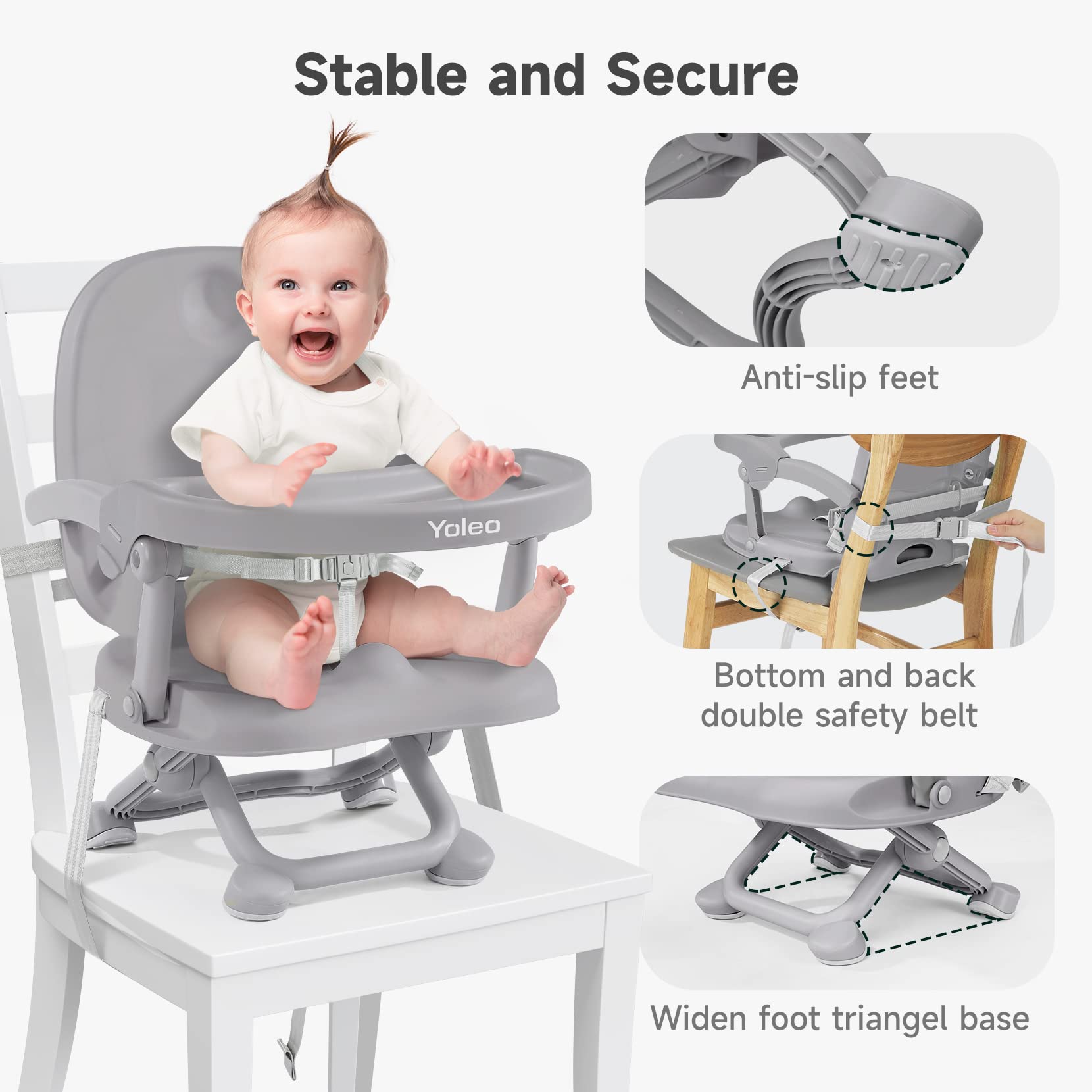 YOLEO booster with non-slip feet preventing chair movement.