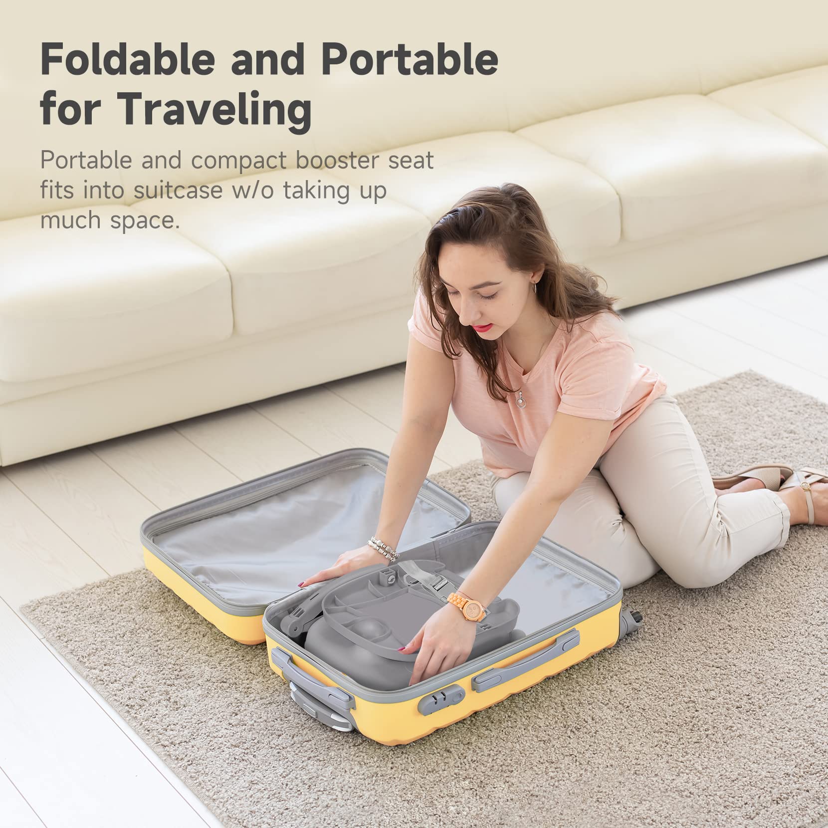 YOLEO booster seat folded flat, ideal for travel and restaurants.