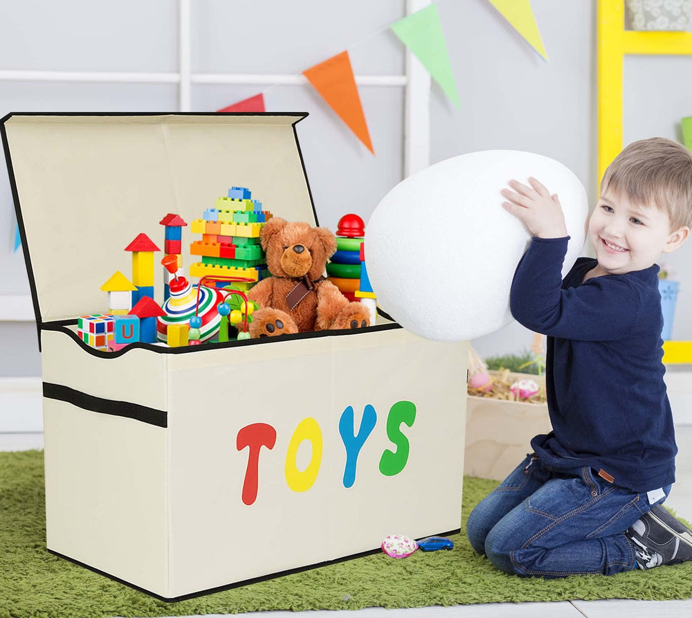 YOLOXO Toy Box Chest filled with toys keeps spaces tidy.