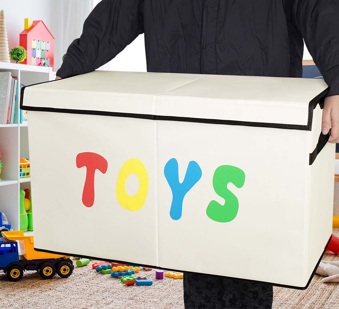 YOLOXO Toy Box Chest fits neatly beside sofa or in a cabinet.