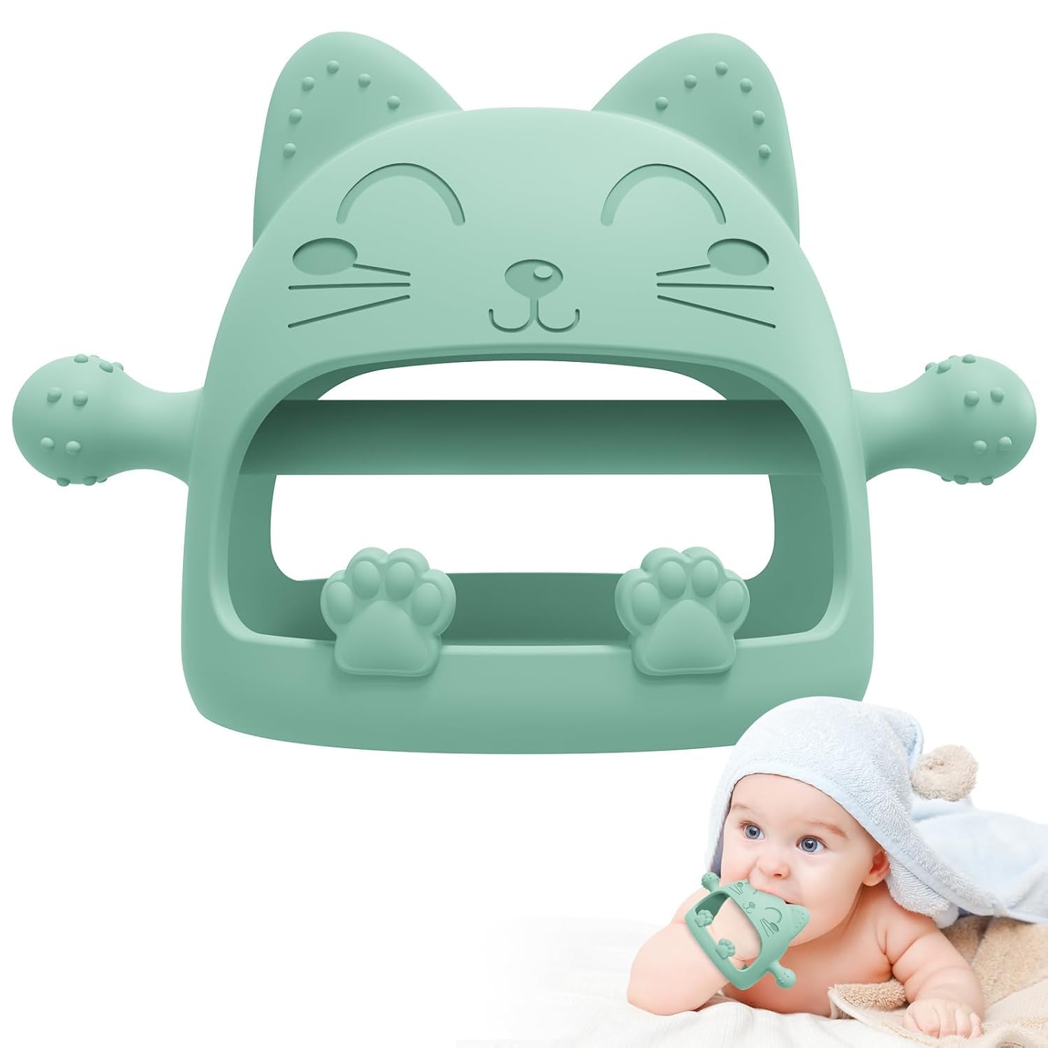 YomauiYee baby teether cat-front view with nipple-like bite area for newborns.