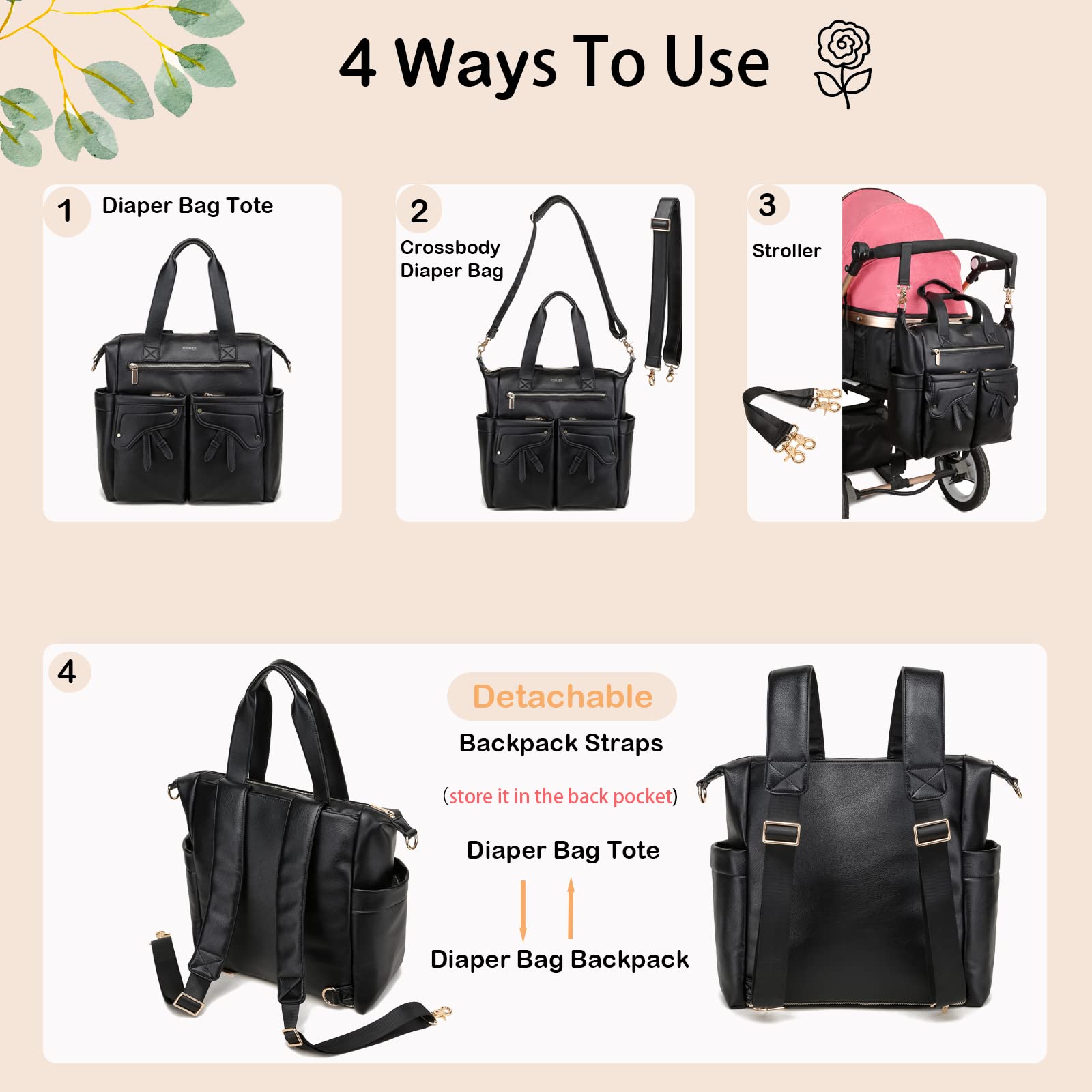 Yomiky leather diaper bag backpack with ergonomic straps to reduce shoulder fatigue