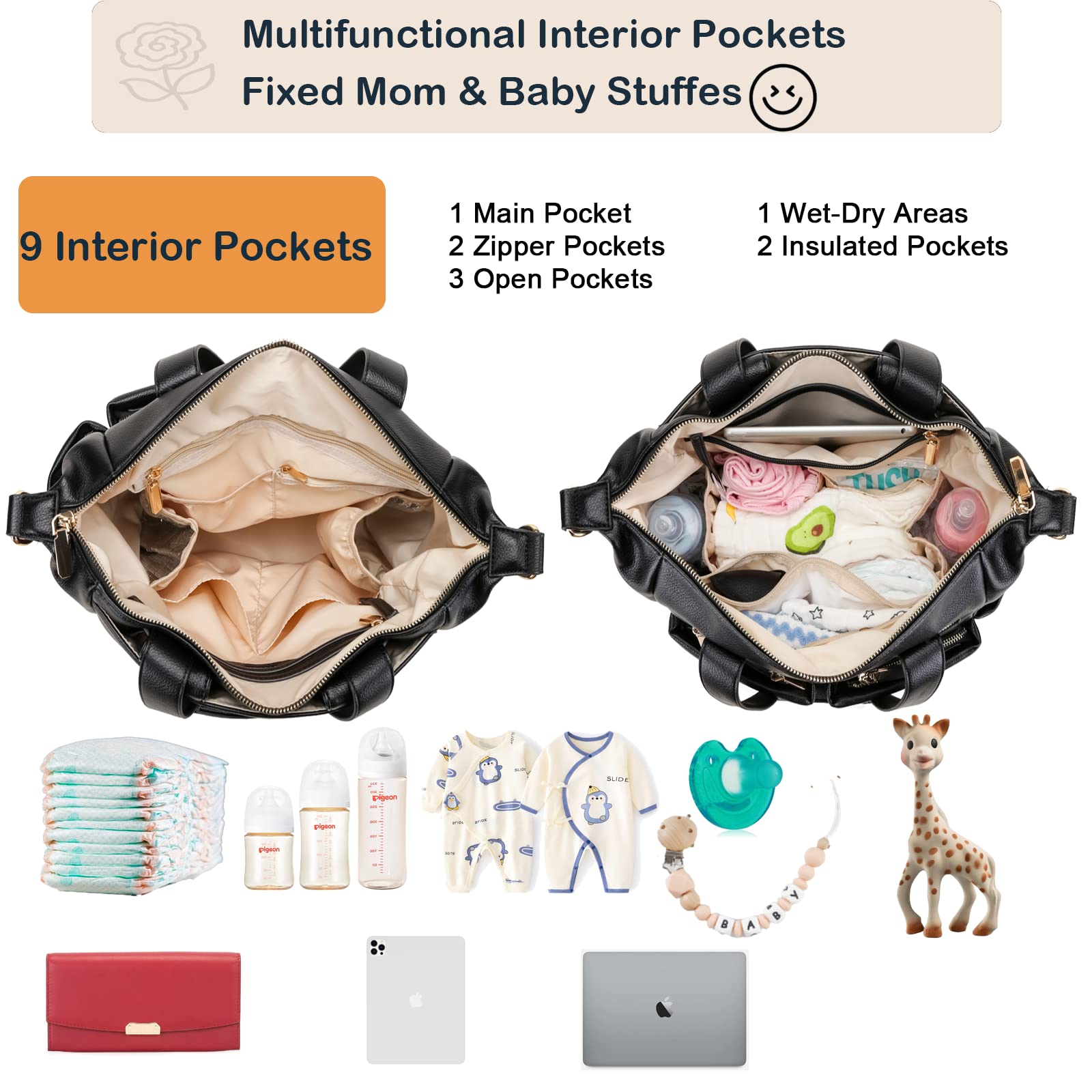 Yomiky diaper bag backpack highlights six exterior pockets for quick access to essentials