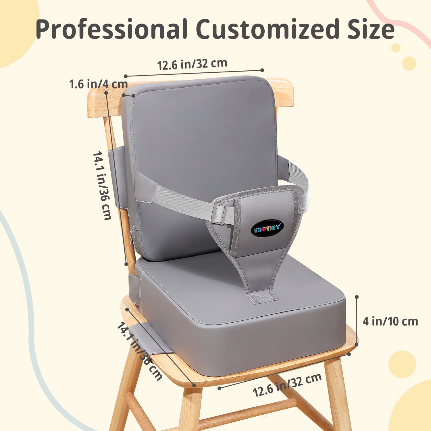YONTINY booster seat on a chair shows adjustable straps for secure fit.