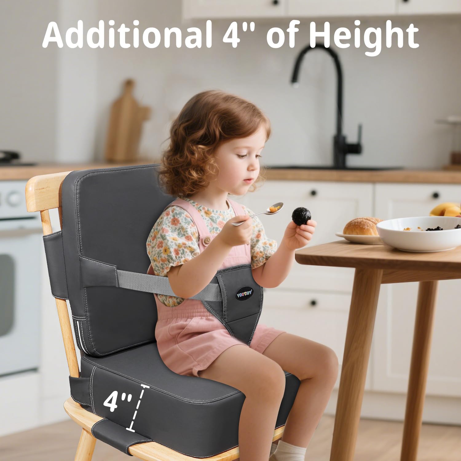 YONTINY booster seat in dark grey with waterproof PU leather for easy cleaning