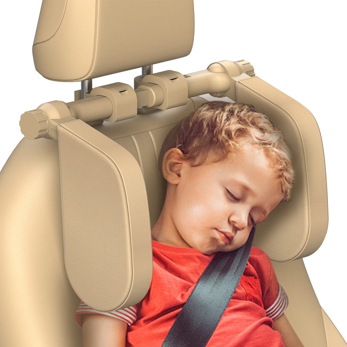 Yoocaa adjustable car headrest pillow on a car seat, offering neck support during long drives.
