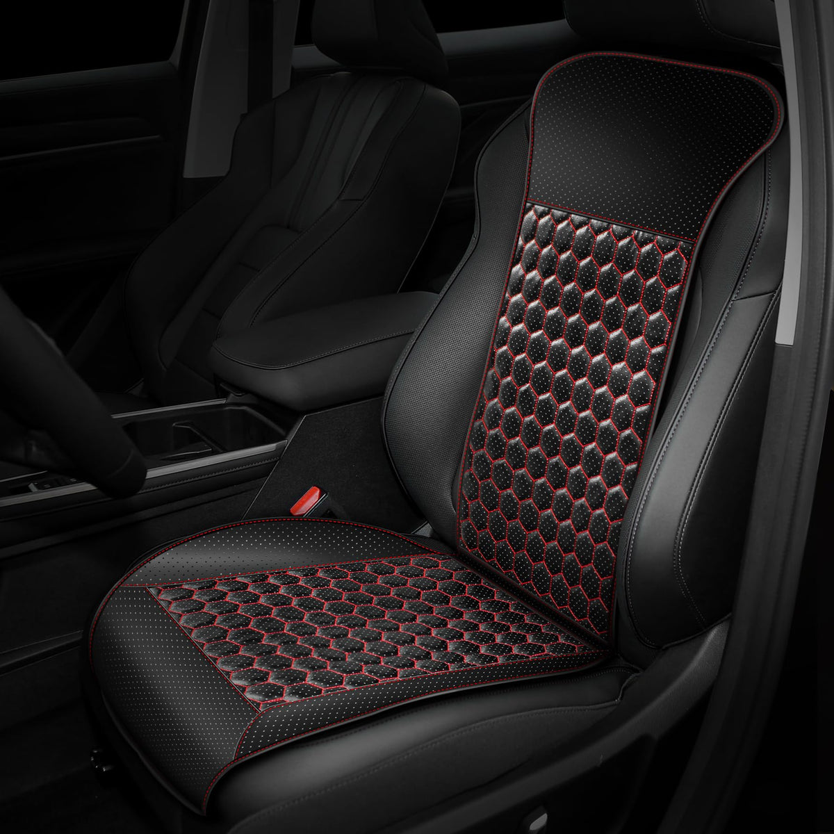 YOOFAN car seat protector with perforated PU leather and red stitching for stylish comfort.