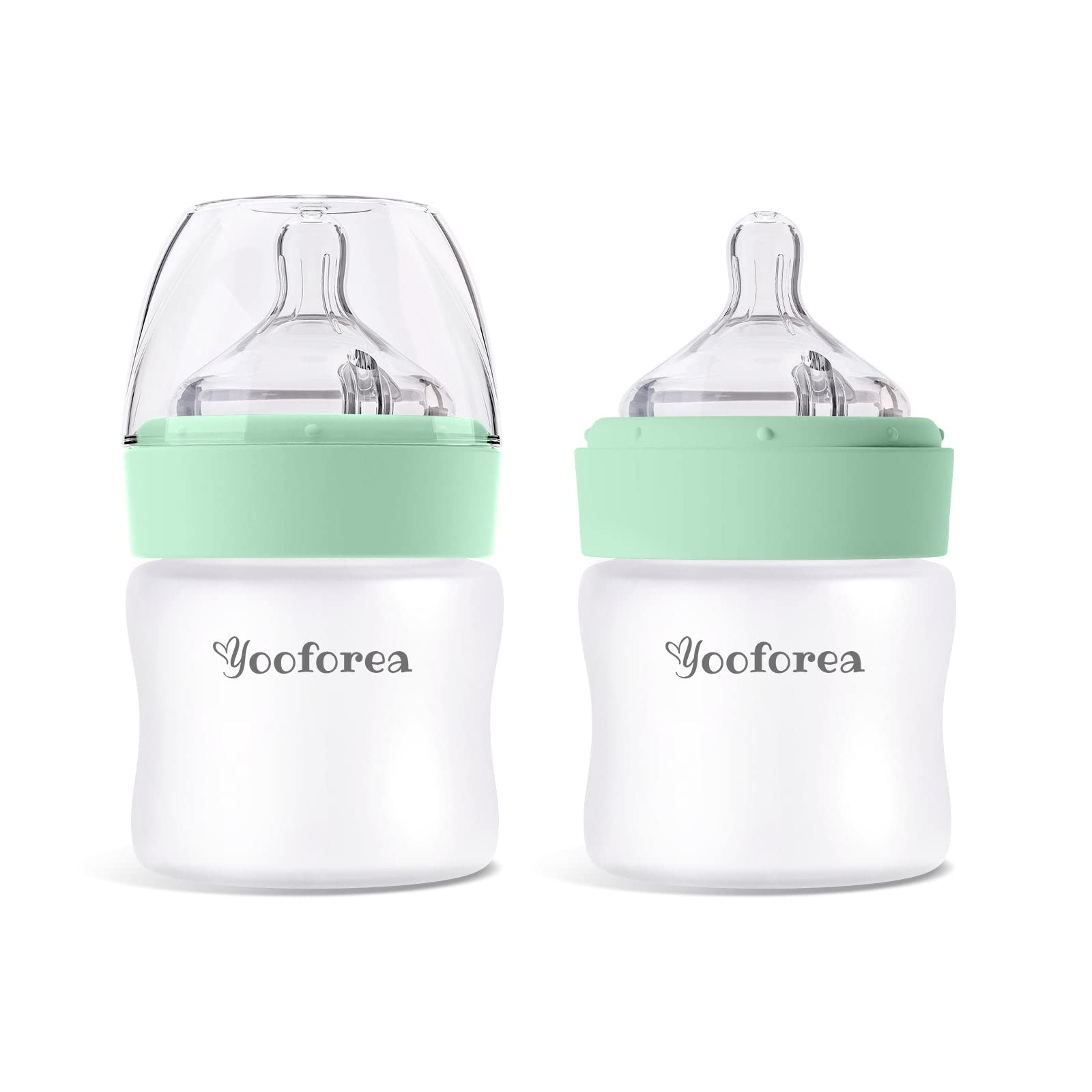 YOOFOREA silicone-coated glass baby bottle with 360° venting for smoother feeds