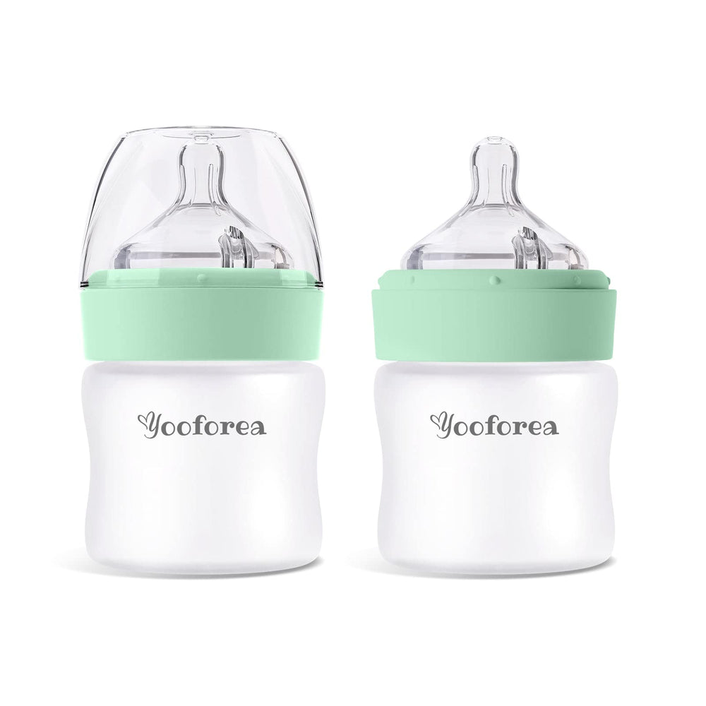 YOOFOREA silicone-coated glass baby bottle with 360° venting for smoother feeds