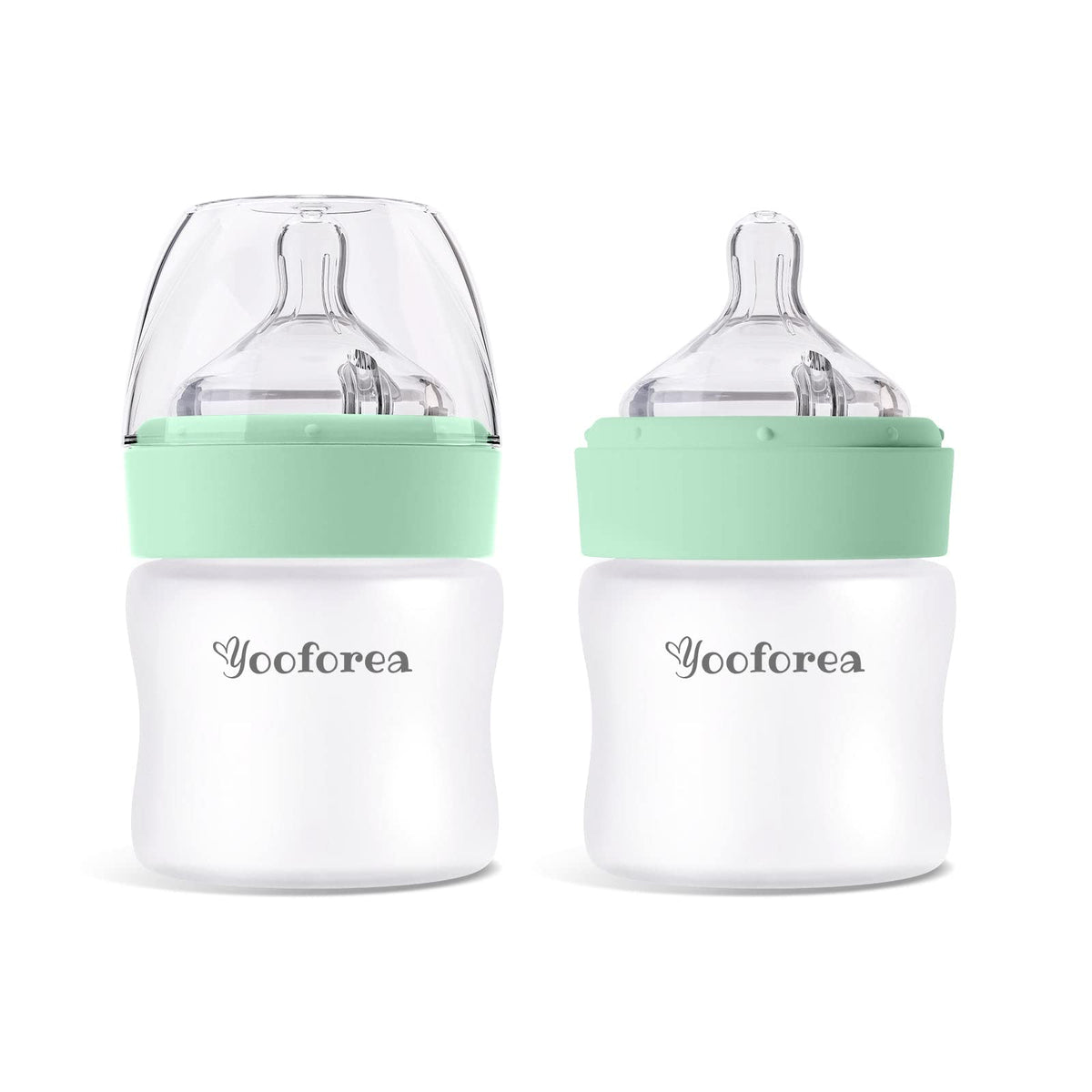 YOOFOREA silicone-coated glass baby bottle with 360° venting for smoother feeds