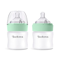 YOOFOREA silicone-coated glass baby bottle with 360° venting for smoother feeds