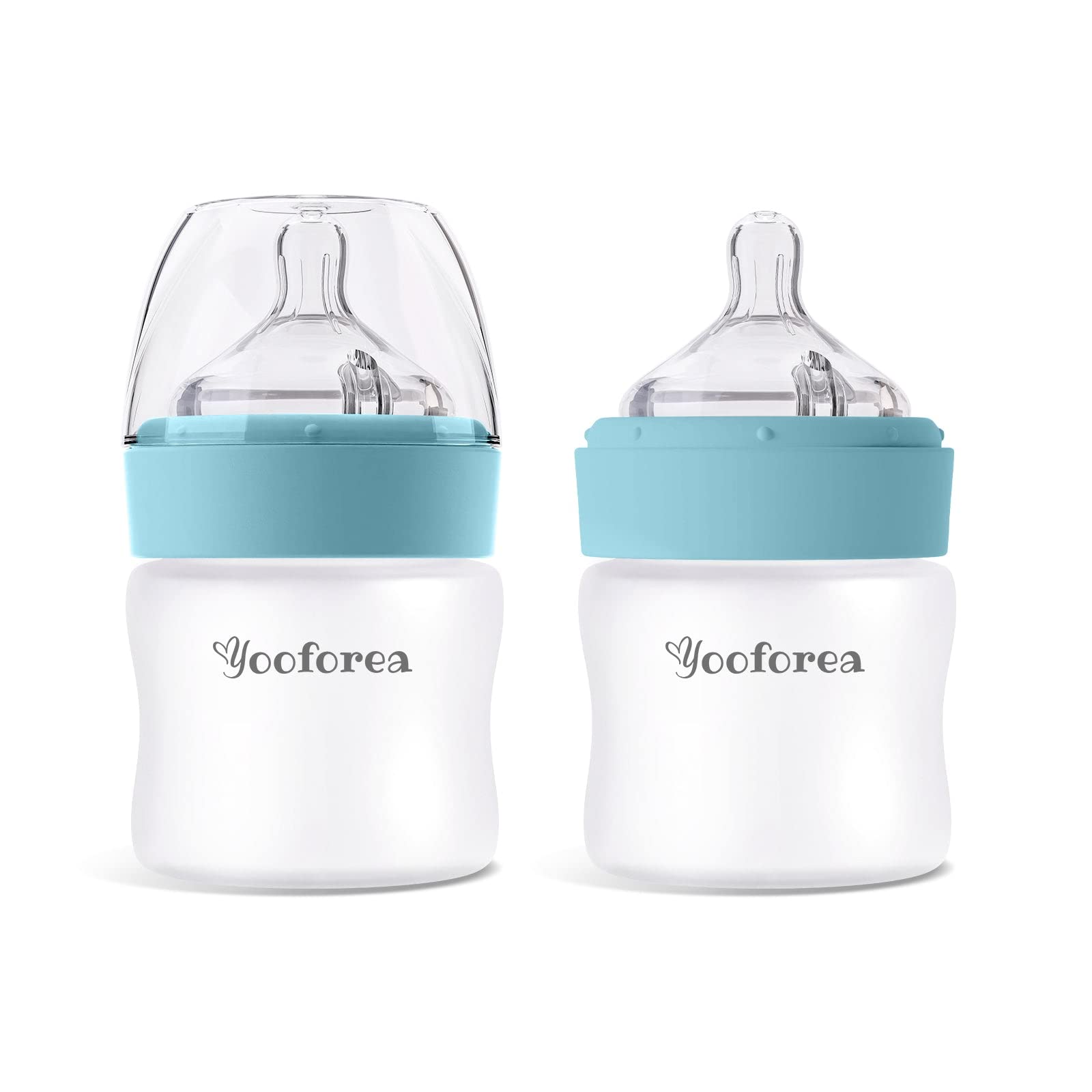 YOOFOREA silicone coated glass baby bottle three ounce with clear glass and protective shell.