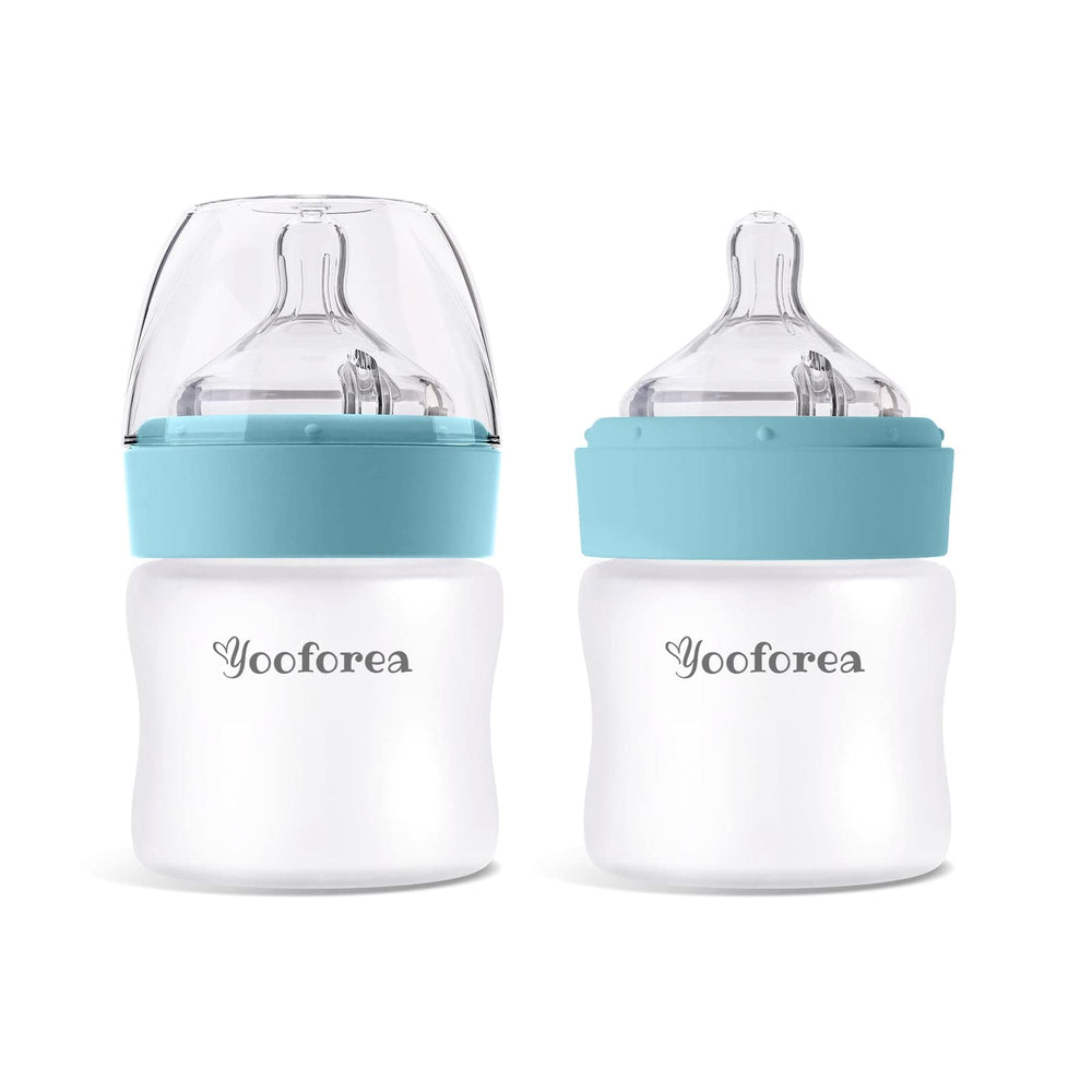 YOOFOREA silicone coated glass baby bottle three ounce with clear glass and protective shell.