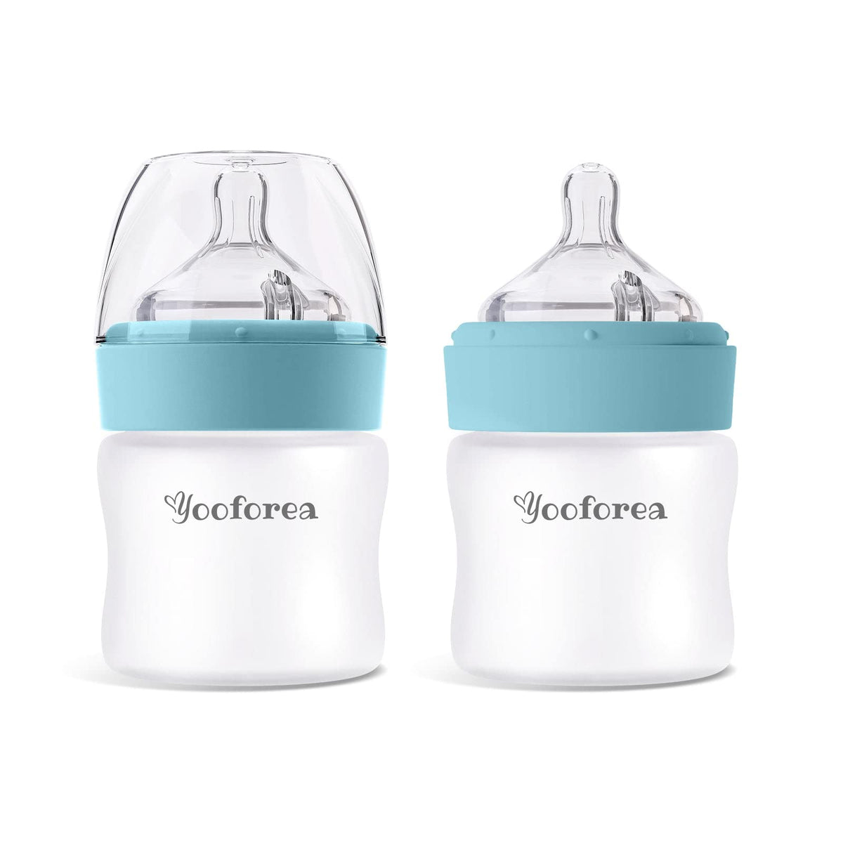 YOOFOREA silicone coated glass baby bottle three ounce with clear glass and protective shell.
