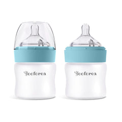 YOOFOREA silicone coated glass baby bottle three ounce with clear glass and protective shell.