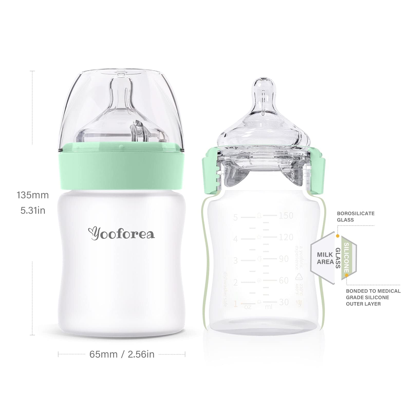 Yooforea anti-colic venting system reduces air bubbles during feeding.