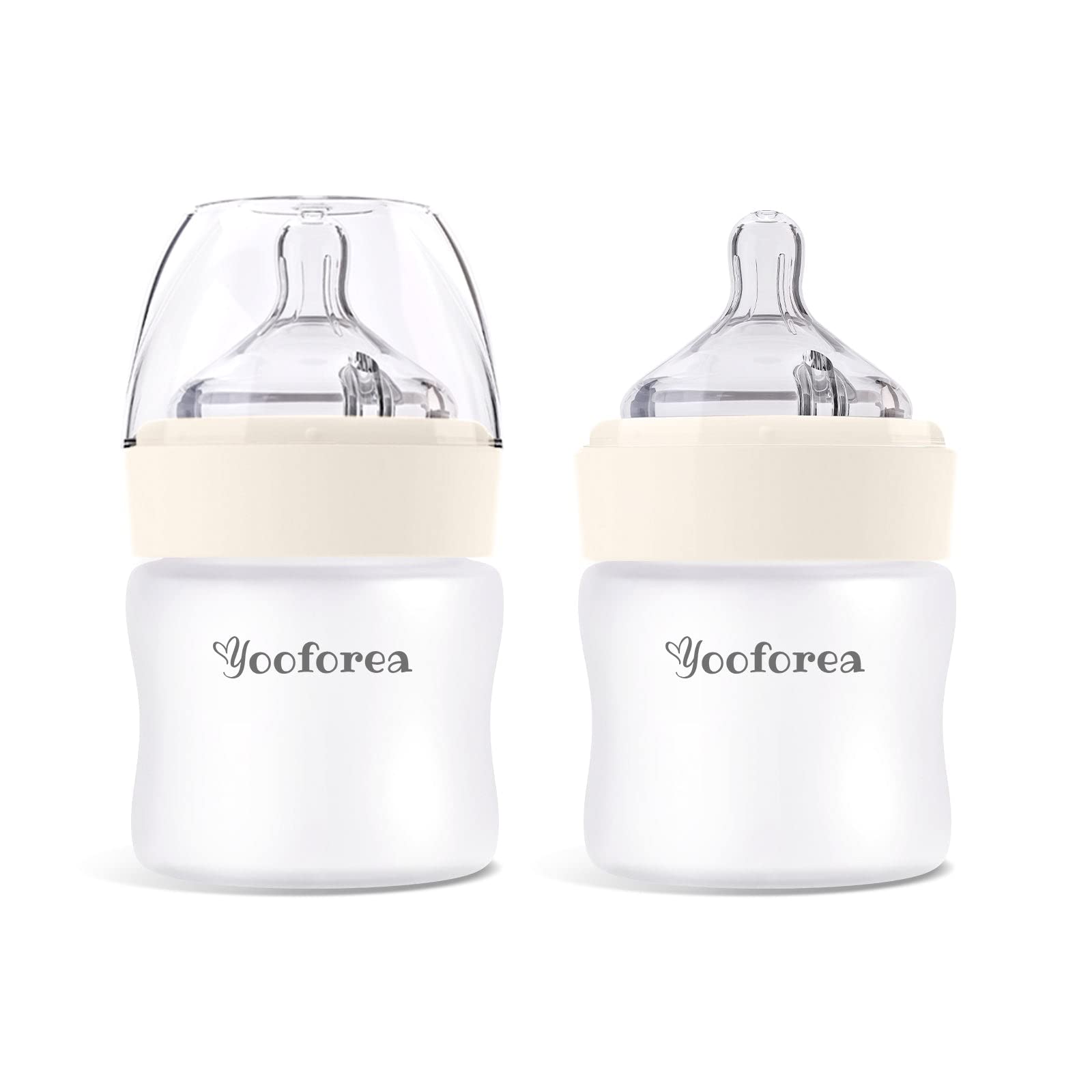 Yooforea silicone-coated glass baby bottle, front view, shatter-protection for safer handling.