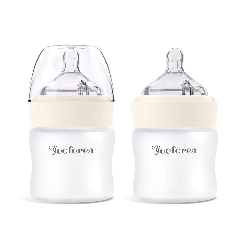 Yooforea silicone-coated glass baby bottle, front view, shatter-protection for safer handling.
