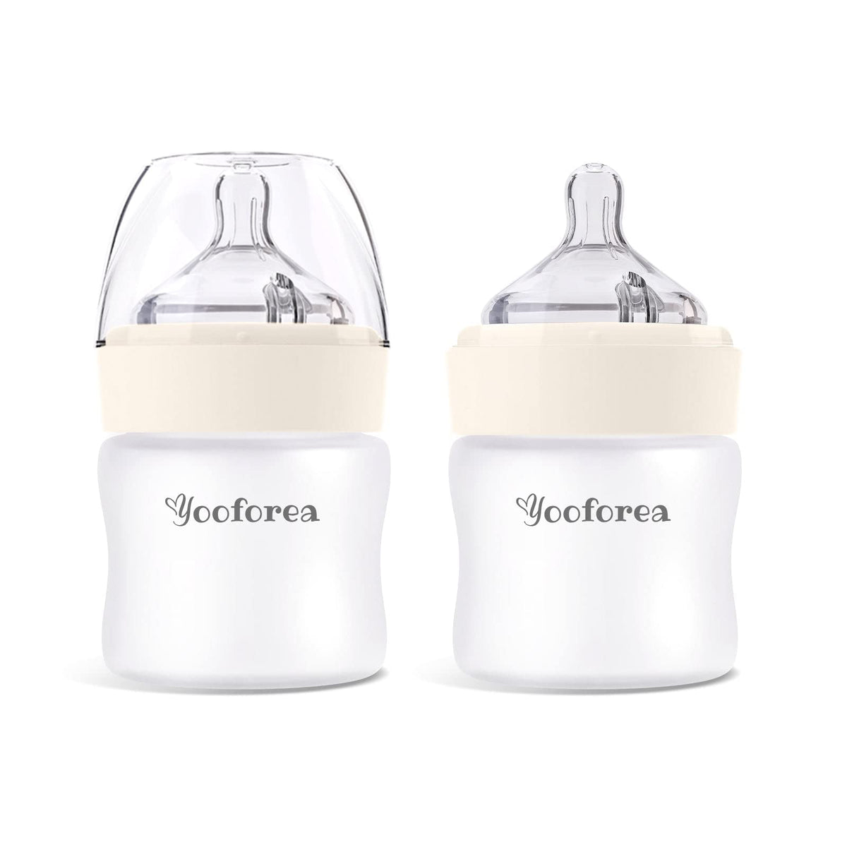 Yooforea silicone-coated glass baby bottle, front view, shatter-protection for safer handling.