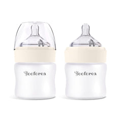 Yooforea silicone-coated glass baby bottle, front view, shatter-protection for safer handling.