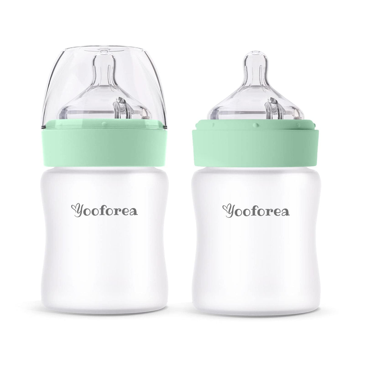 Yooforea silicone-coated glass baby bottle, 5oz, wide neck for easy cleaning.