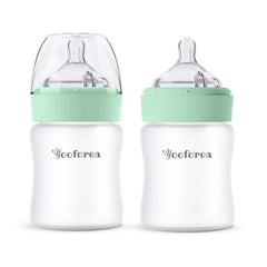 Yooforea silicone-coated glass baby bottle, 5oz, wide neck for easy cleaning.