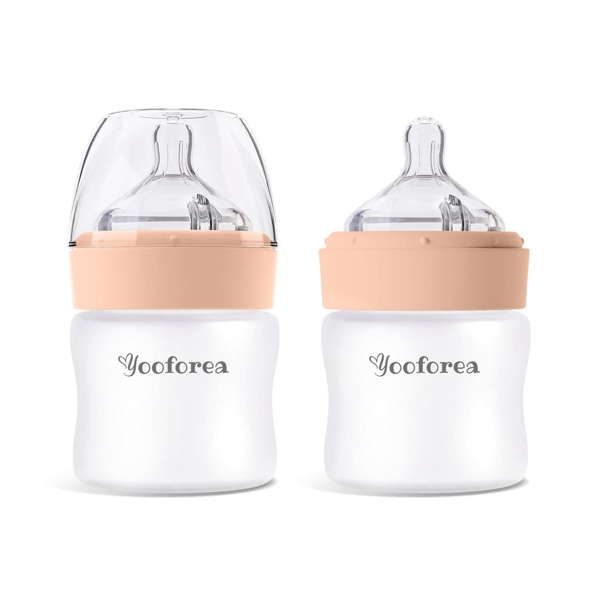 YOOFOREA silicone-coated glass baby bottle with anti-colic venting for smoother feeds.